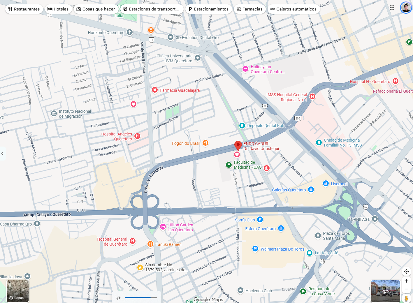 Mapa de referencia de ENDO.CADUR y lugares cercanos en Querétaro